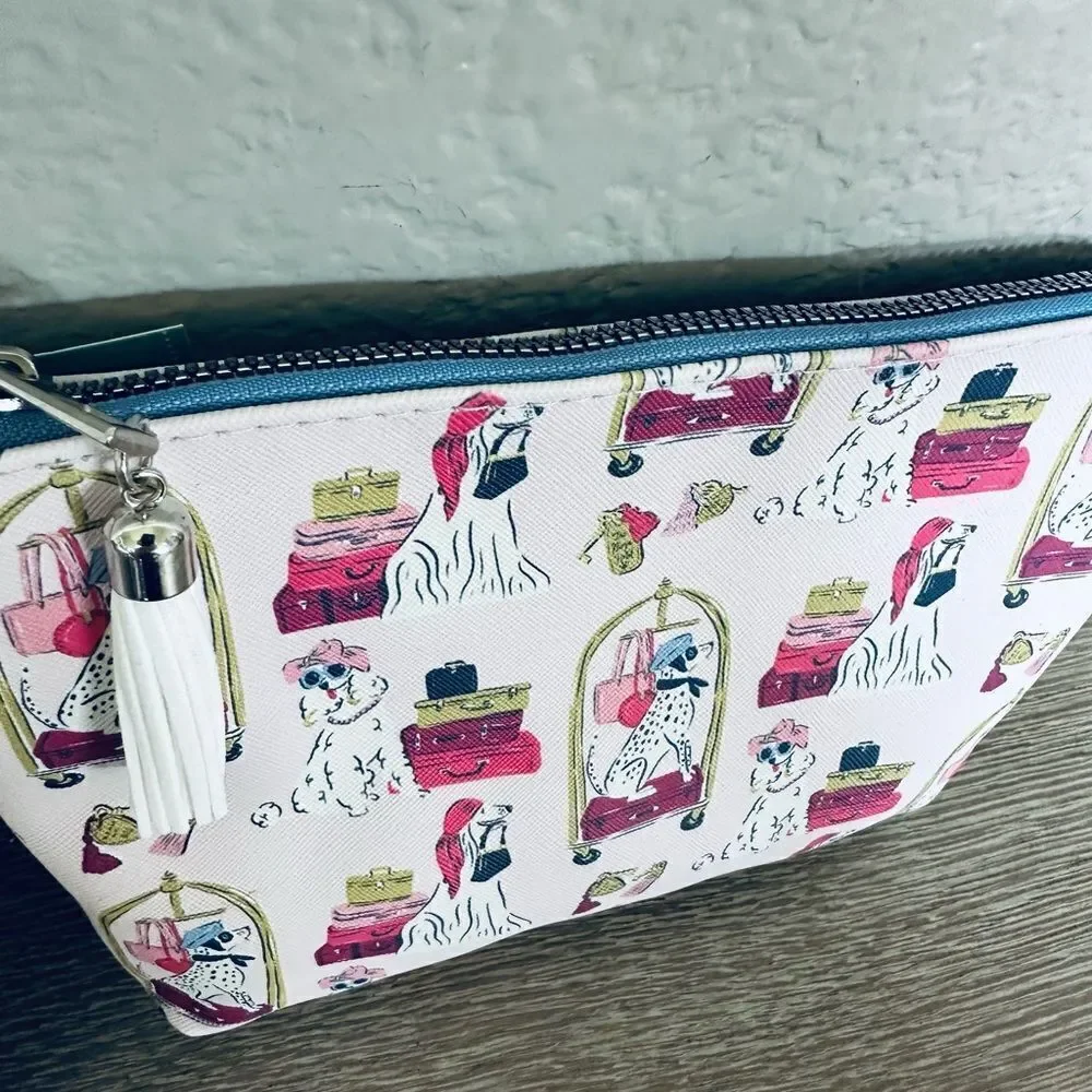 Travel Dog Hotel Luggage Print Pink Zipper Cosmetic Pouch Bag